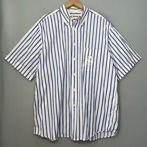 Van Laack Mens Size XL Blue White Stripe Button Down Shirt Preppy Crest Nautical